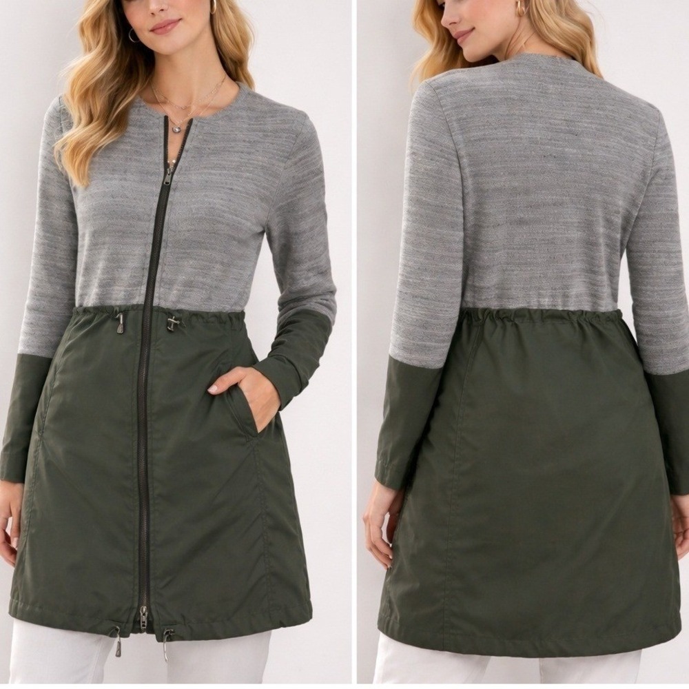 NIC+ZOE Green Zip Front Tweed Nylon Longline Anorak Utility Jacket SZ Medium